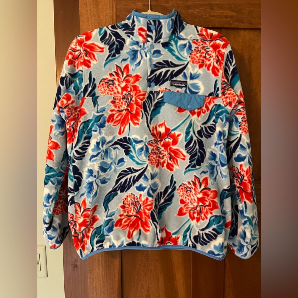 Patagonia Floral Fleece Pullover in Sky Blue, Red & Navy